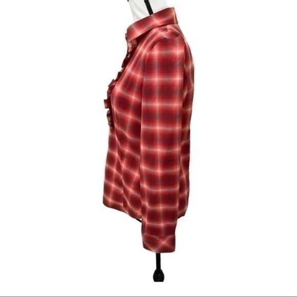 Talbots Red Plaid Ruffle Chest Blouse Cotton size 2 - Picture 3 of 7
